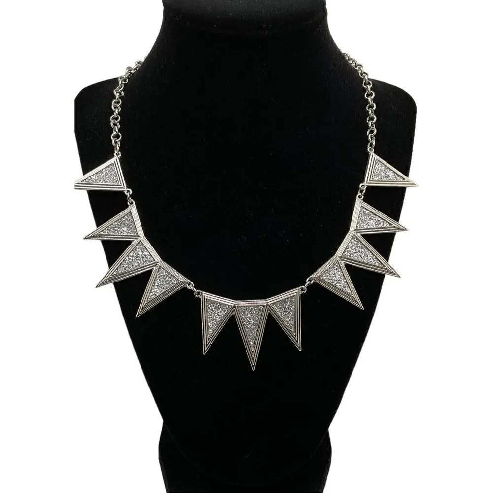 Jade Collection Necklace Earring Set Silver Toned Crushed Rhinestone Triangles